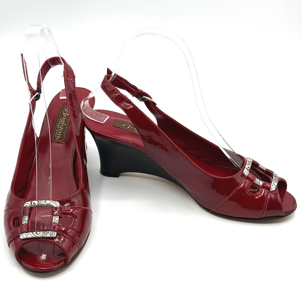 Brighton Napoli Wedge Sandals Women 8M Red Patent Leather Slingback Buckle Chic